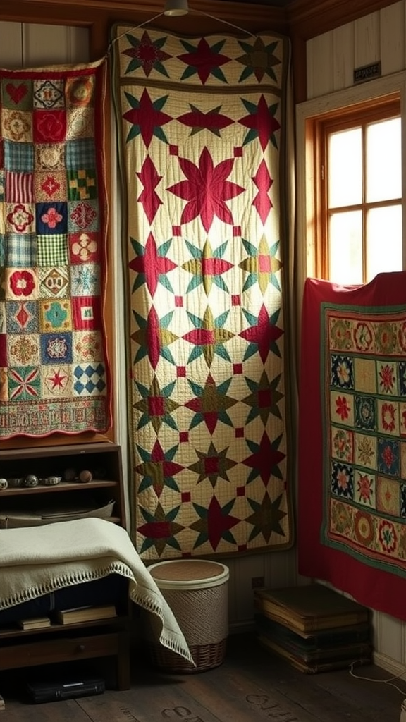 Vintage quilts hanging on a wall in a cozy craft room.