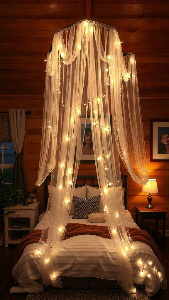 A bedroom with a canopy made of sheer fabric and fairy lights, creating a cozy atmosphere.