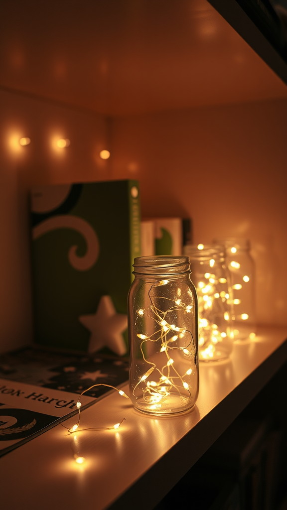 Glass jars filled with fairy lights on a shelf.