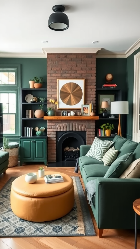 A cozy living room with forest green walls, a green sofa, colorful cushions, playful art, and wooden furniture.