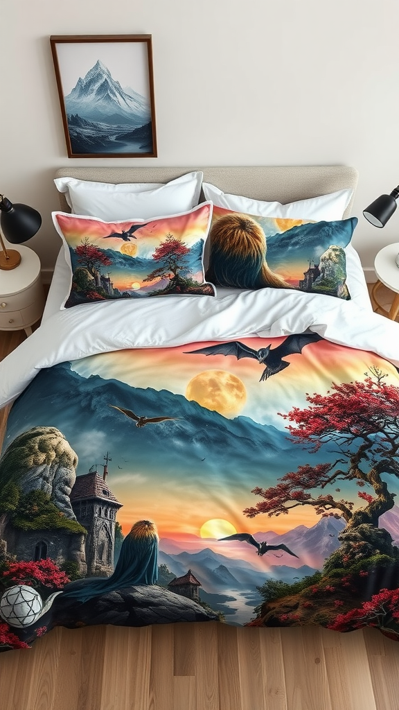 Fantasy-themed bedding featuring a colorful landscape with mountains, a sunset, and mythical creatures.