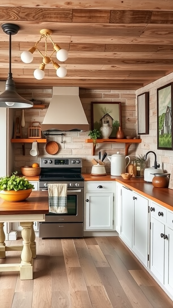 A rustic farmhouse kitchen featuring wooden shelves, plants, and farm-inspired artwork on the walls.