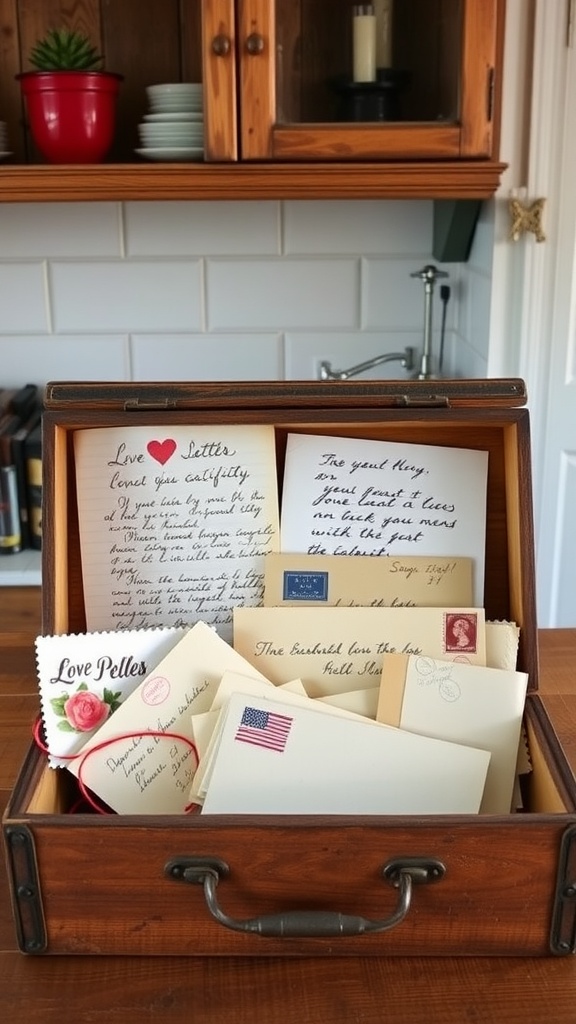 A vintage wooden box filled with love letters and envelopes, showcasing a cozy and romantic farmhouse decor theme.