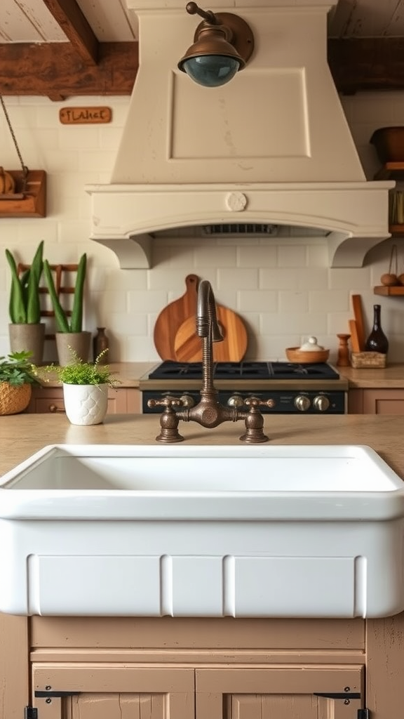 A charming old-world kitchen featuring a large white farm sink with a stylish faucet.