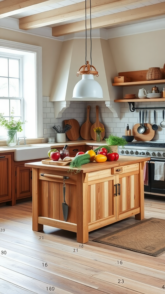 A cozy farmhouse kitchen featuring a butcher block island with fresh produce.