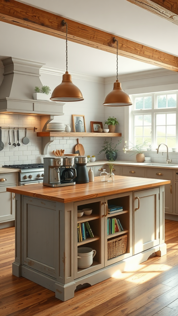 A stylish farmhouse kitchen island featuring a coffee bar setup with wooden accents.