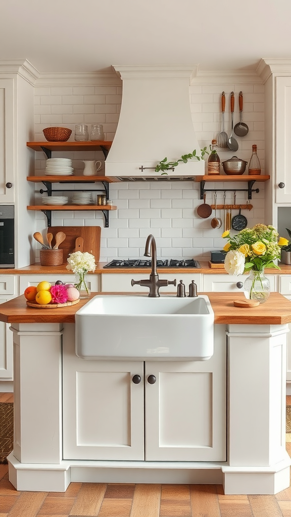 A beautifully designed farmhouse kitchen island featuring a large white sink, wooden countertop, and decorative items.