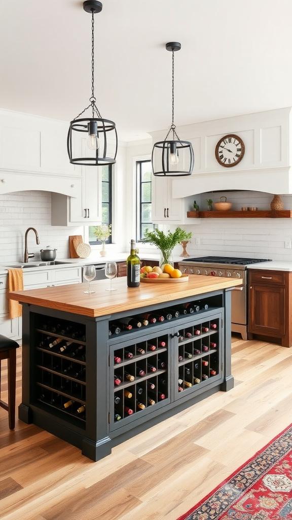 Farmhouse kitchen island featuring a wine rack, wooden top, and decorative items.