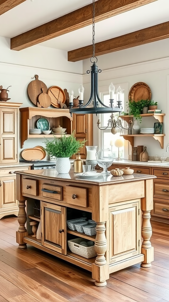 A farmhouse kitchen island made of wood with antique accents, surrounded by warm decor.