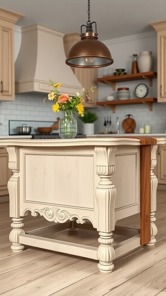 A farmhouse kitchen island with decorative legs, showcasing a rustic design and floral centerpiece.