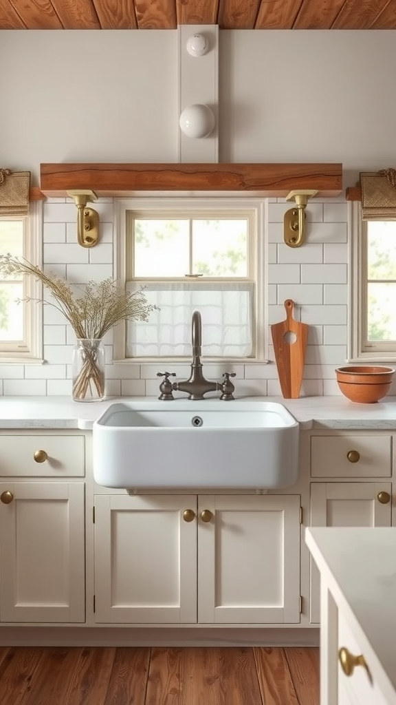 A farmhouse kitchen sink with a natural wood accent above and around it, complemented by white cabinetry.