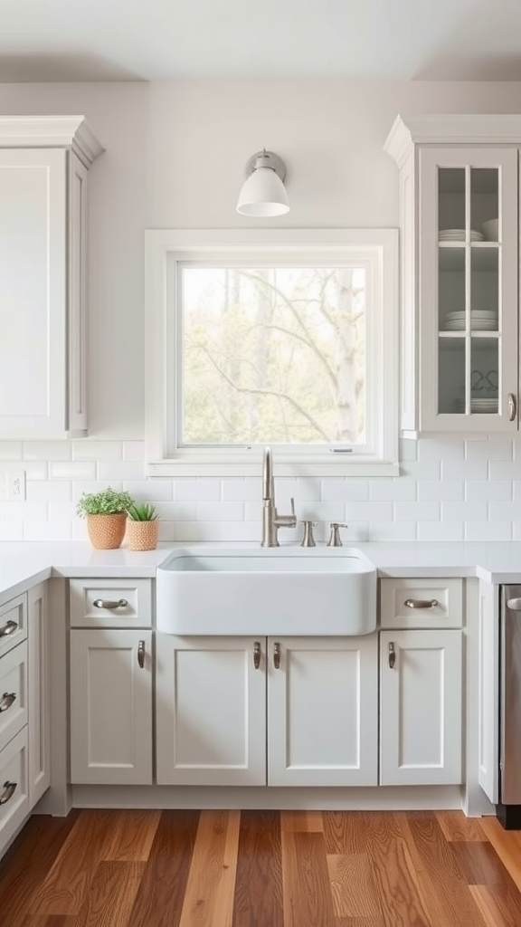 A kitchen featuring light gray cabinets and a farmhouse sink with wooden flooring.