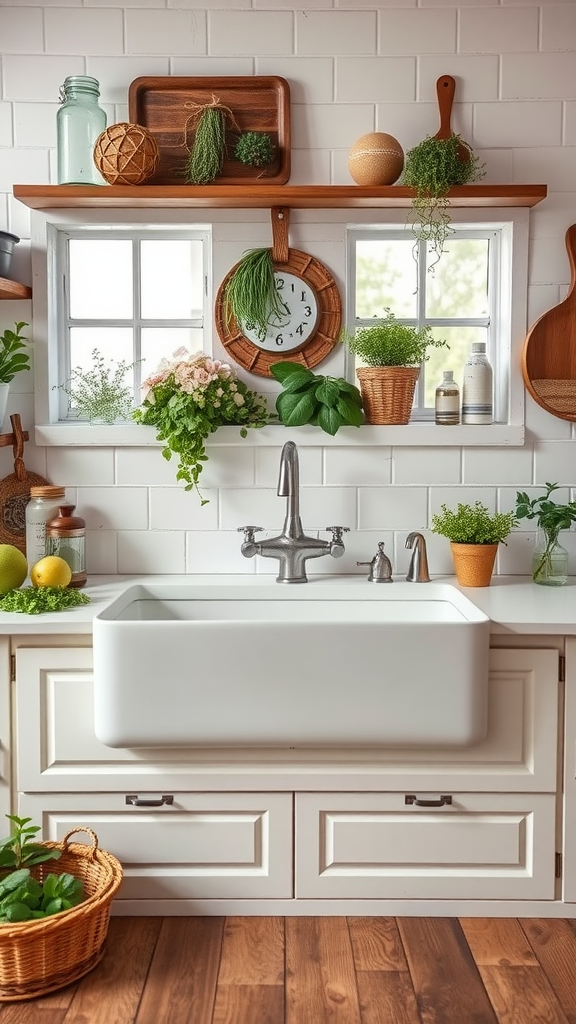 A rustic farmhouse kitchen featuring a large white farmhouse sink with decorative plants and wooden shelves.