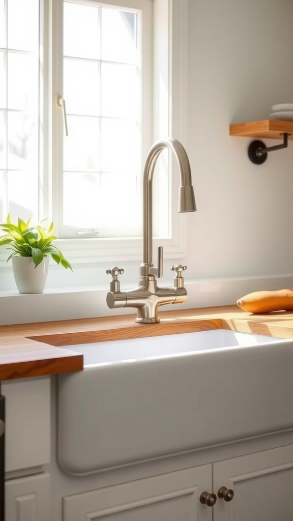 Modern farmhouse kitchen sink with a gooseneck faucet and wooden countertop.