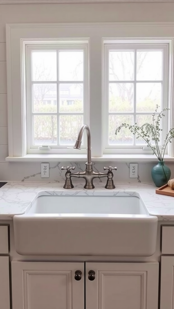 A stylish under-mount farmhouse sink with a polished countertop and classic faucet.