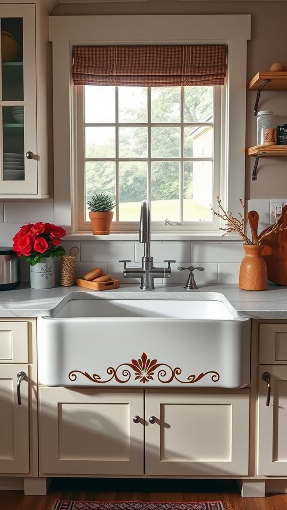 A farmhouse kitchen sink with a decorative apron, surrounded by kitchen decor and natural light.