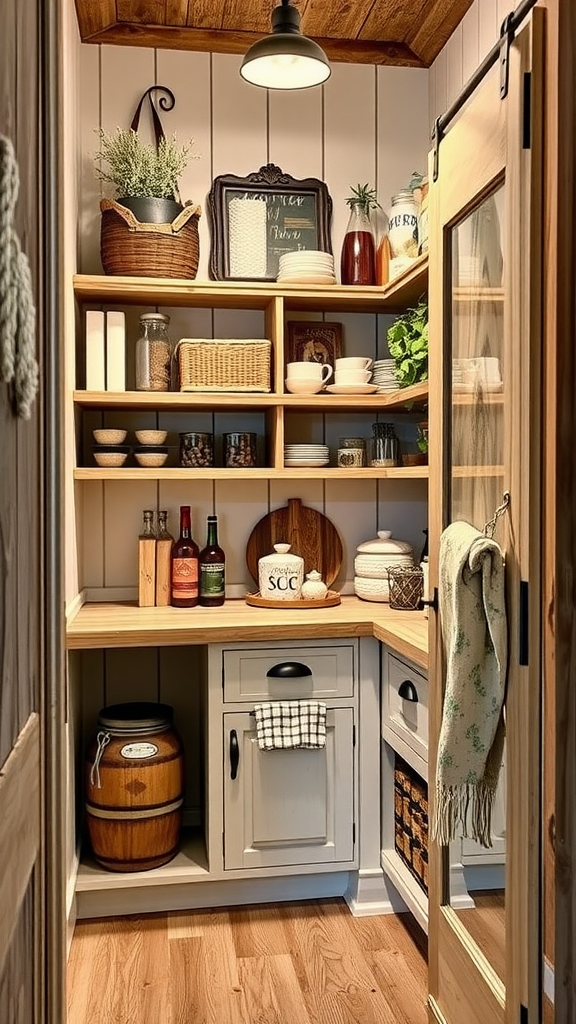 A cozy corner kitchen pantry featuring wooden shelves, wicker baskets, and a chalkboard sign.