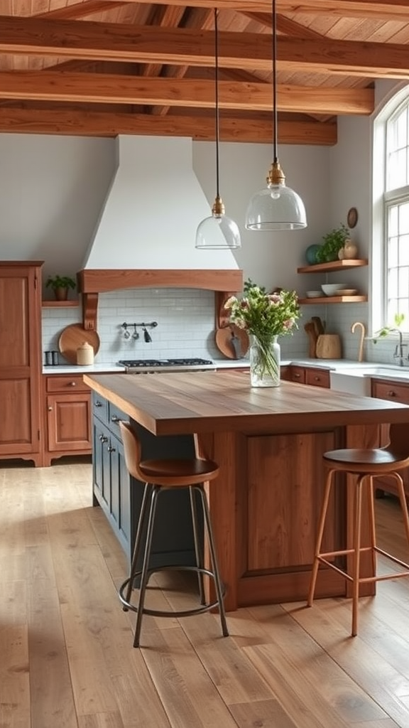 Rustic farmhouse kitchen with a wooden island and hanging lights