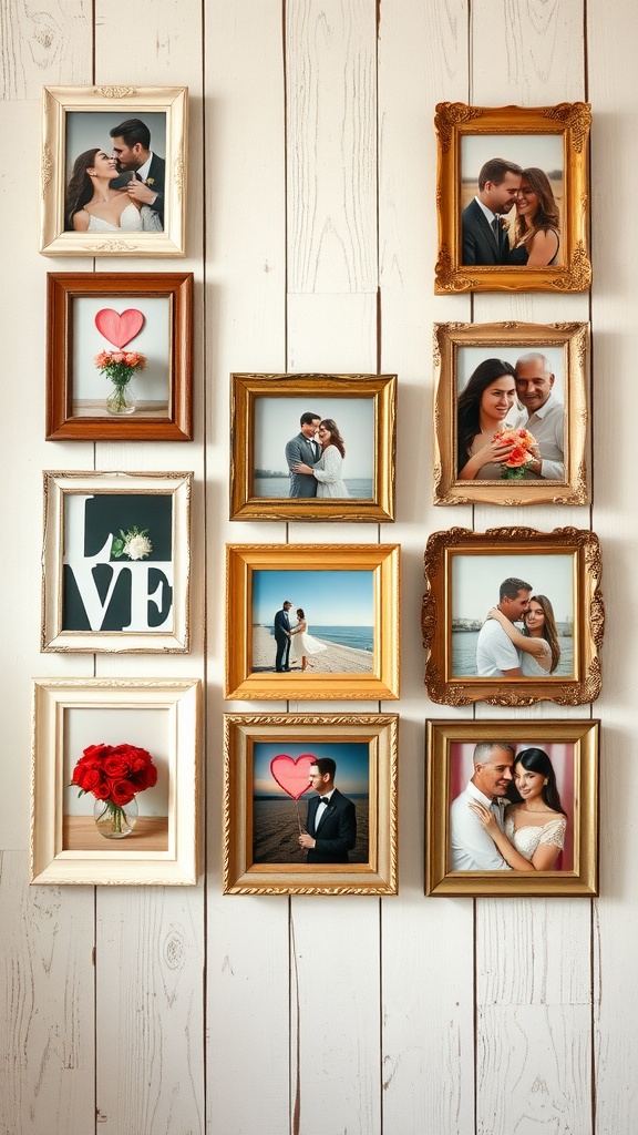 A collage of vintage-style photo frames with romantic images and decor.