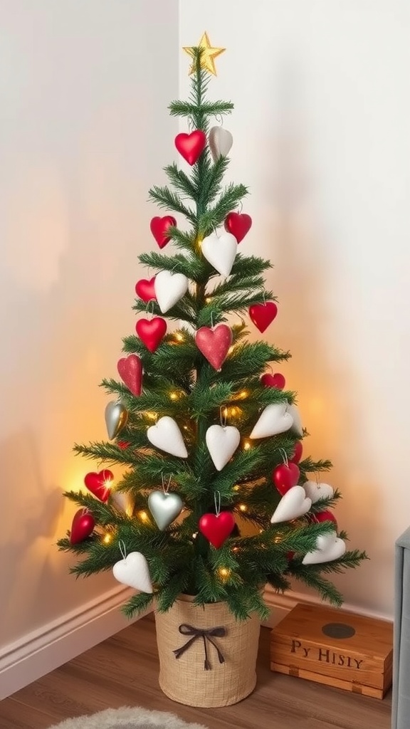 A small decorated tree with red and white heart ornaments and warm lights