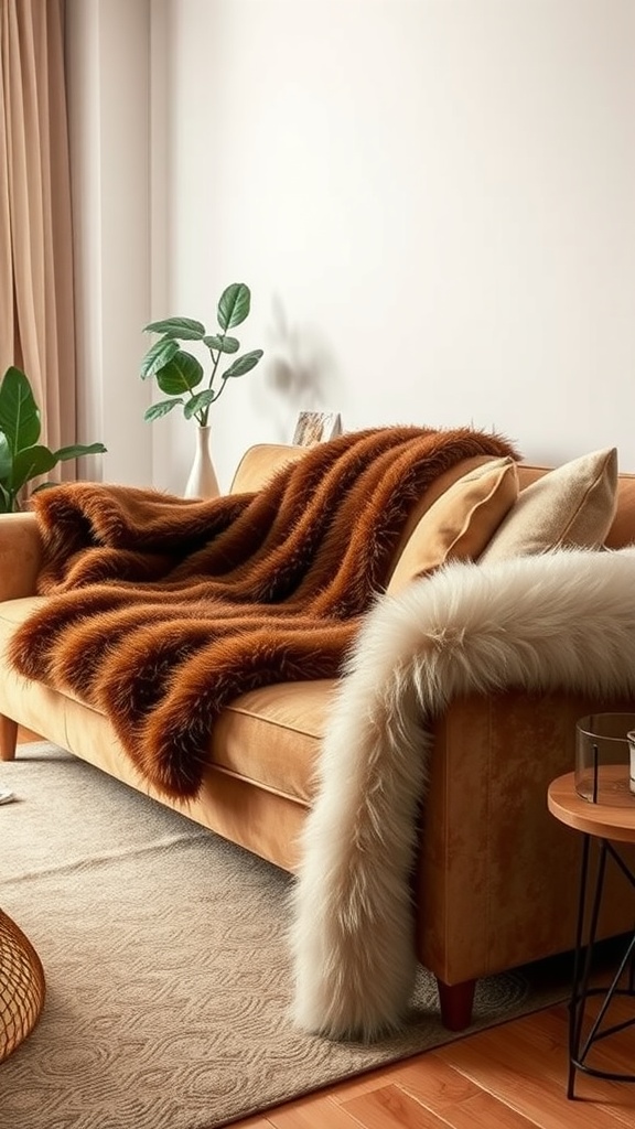 A cozy living room featuring a sofa adorned with faux fur throws in warm tones.