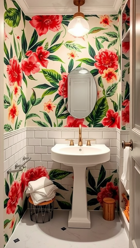 Tropical-themed bathroom with faux wallpaper featuring large pink flowers and green leaves.