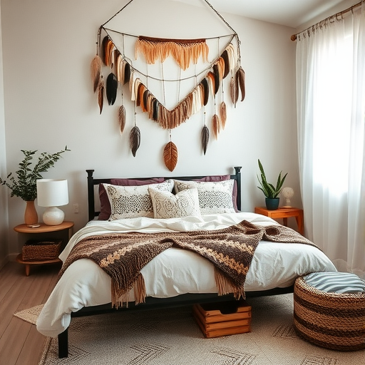 A cozy bedroom with feather accents and boho decor.