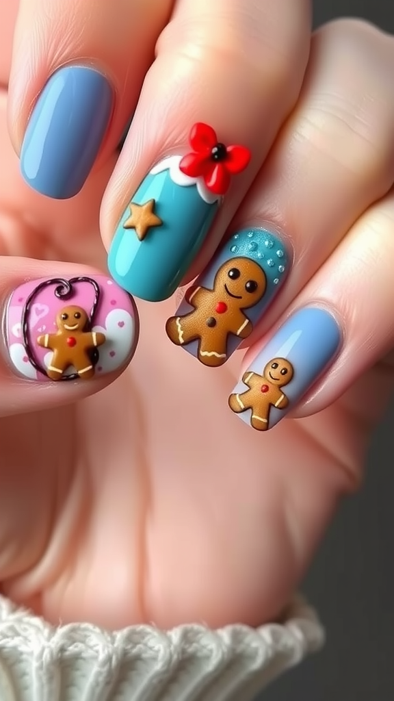 Colorful gingerbread man themed nail designs with festive accents.