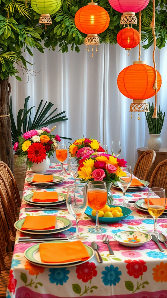 A colorful fiesta-themed table setting with vibrant flowers, lanterns, and tableware.