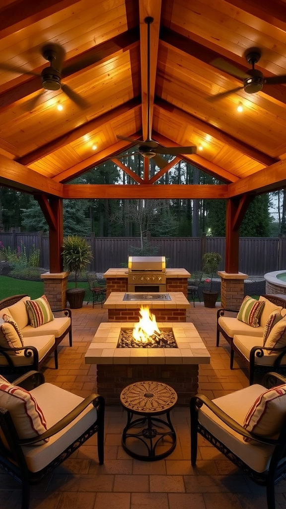 A cozy fire pit surrounded by chairs under a wooden covered patio.