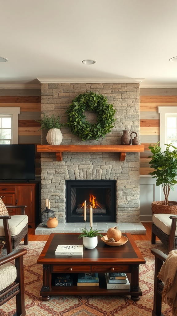 Cozy ranch-style living room with a stone fireplace as the centerpiece.