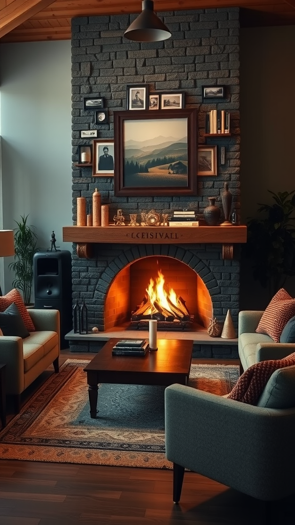 Cozy living room with a fireplace as a focal point, featuring warm colors and inviting decor.