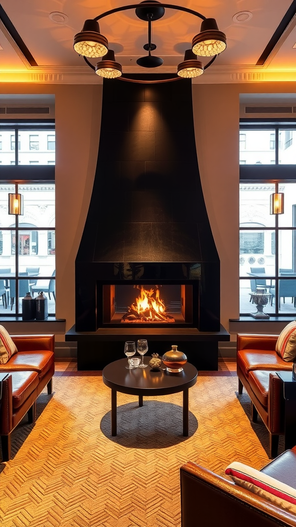 A cozy Whisky Lounge featuring a warm fireplace, comfortable seating, and a stylish coffee table.