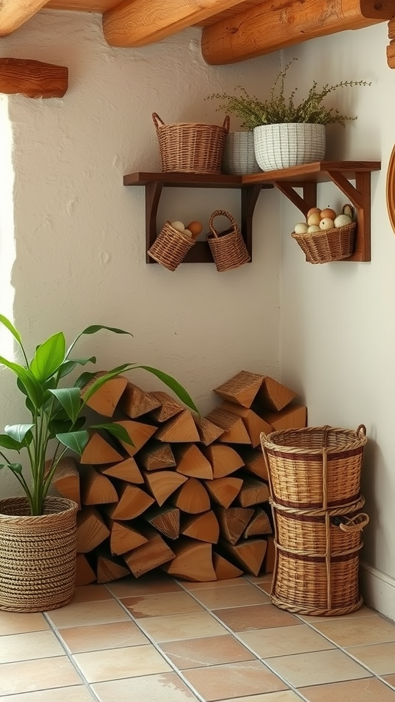 Cozy cottage living room with firewood storage and decorative baskets.