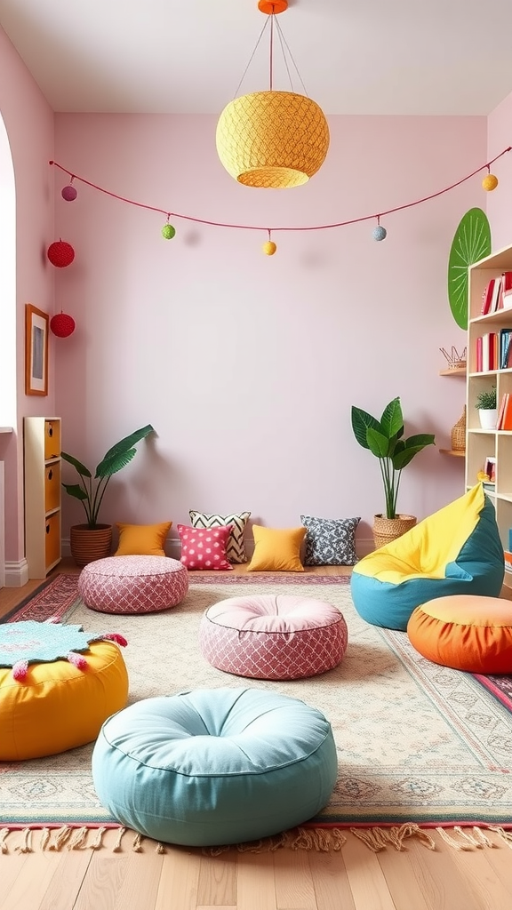 A colorful boho playroom with various cushions and seating arrangements.