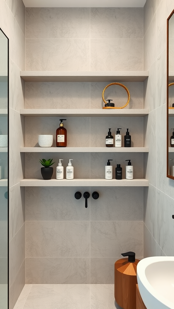 Floating microcement shelves with bathroom products arranged neatly.