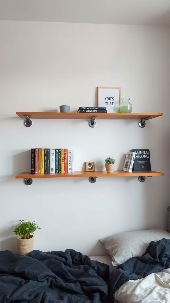 Minimalist floating shelves with books and plants in a dorm room