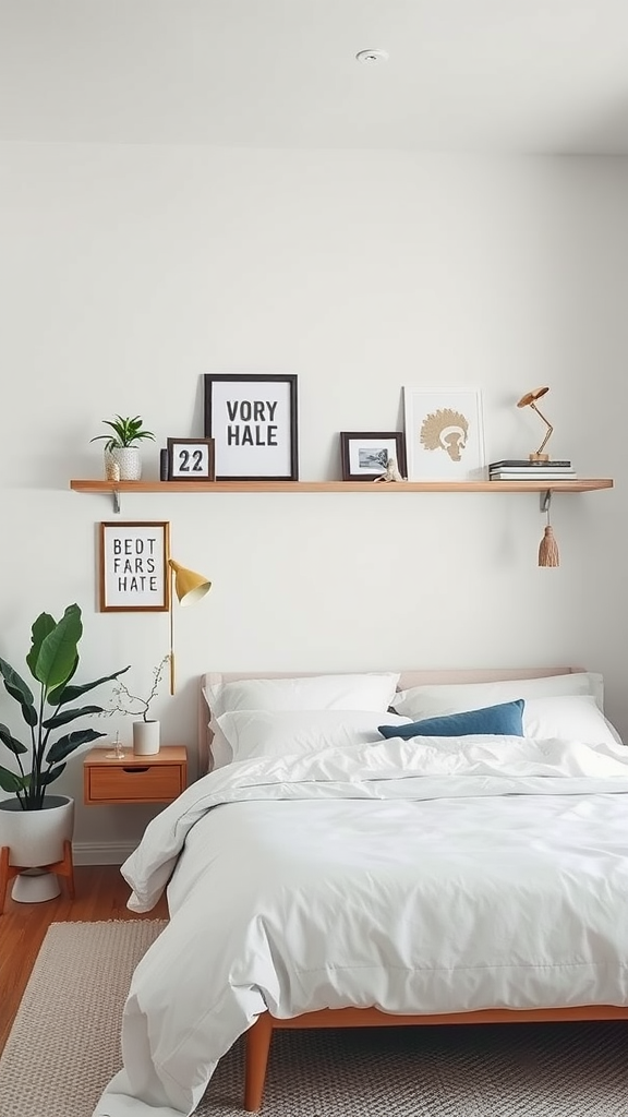 A minimalist bedroom with floating shelves displaying framed art, a small plant, and decorative items.