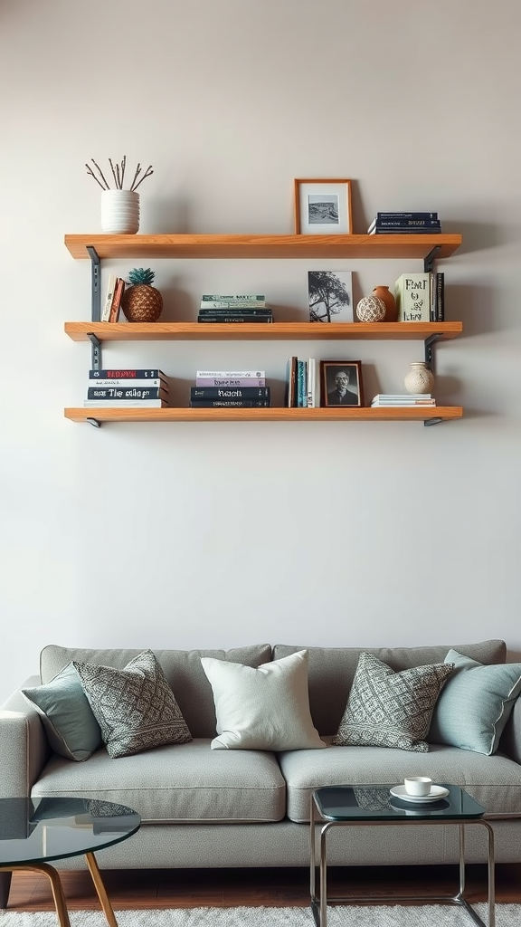 A living room with floating wooden shelves above a couch, displaying books and decorative items.