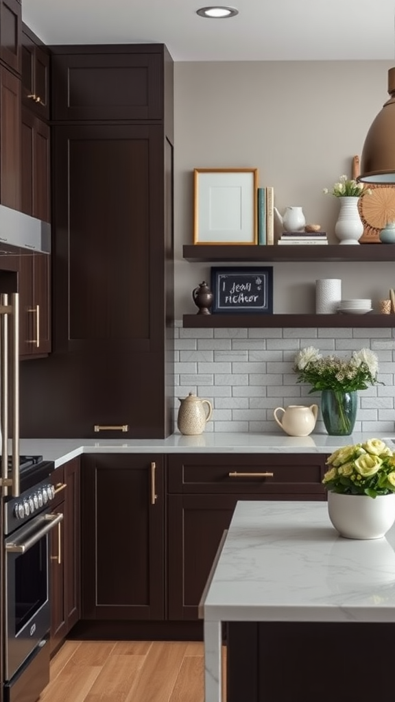 Modern kitchen with espresso cabinets and floating shelves