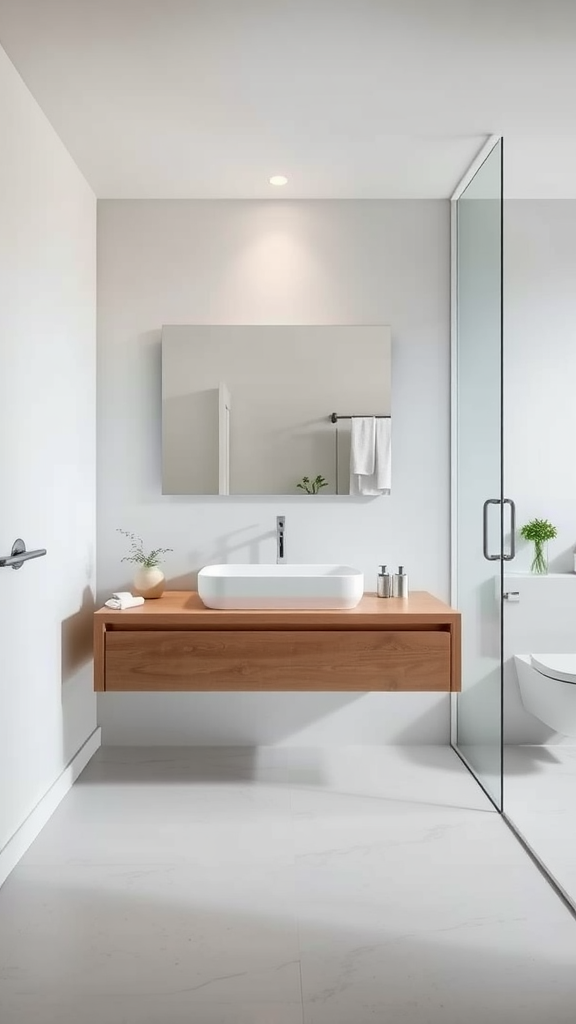 A modern bathroom featuring a floating wooden vanity with a white sink and a large mirror.