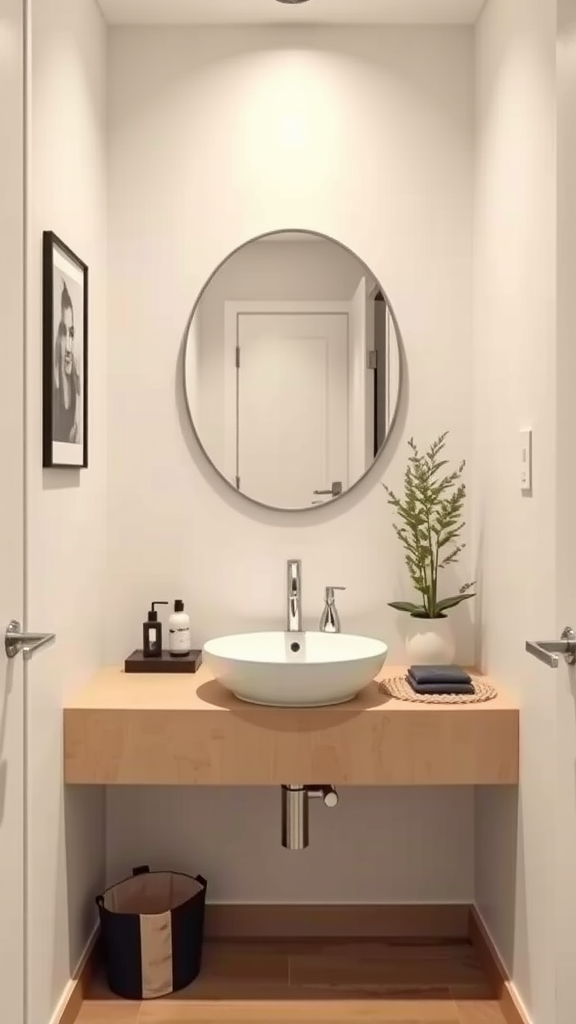 A modern bathroom featuring a floating vanity with a white sink, surrounded by greenery and soft lighting.