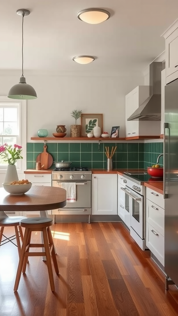 Bright and modern kitchen with hardwood flooring and green tile backsplash.