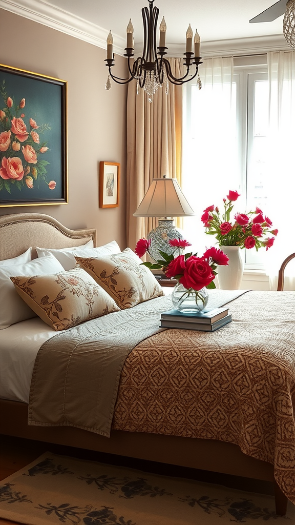 A cozy bedroom featuring floral decor with red roses, a charming chandelier, and a beautiful painting of flowers.