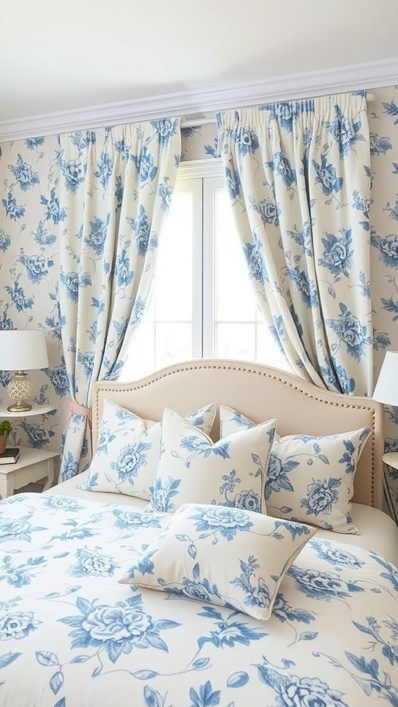 A beautifully decorated bedroom with floral blue patterns on bedding and curtains.