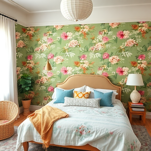 A cozy bedroom featuring floral green wallpaper with pink and white flowers, a bed with decorative pillows, and a rattan chair.