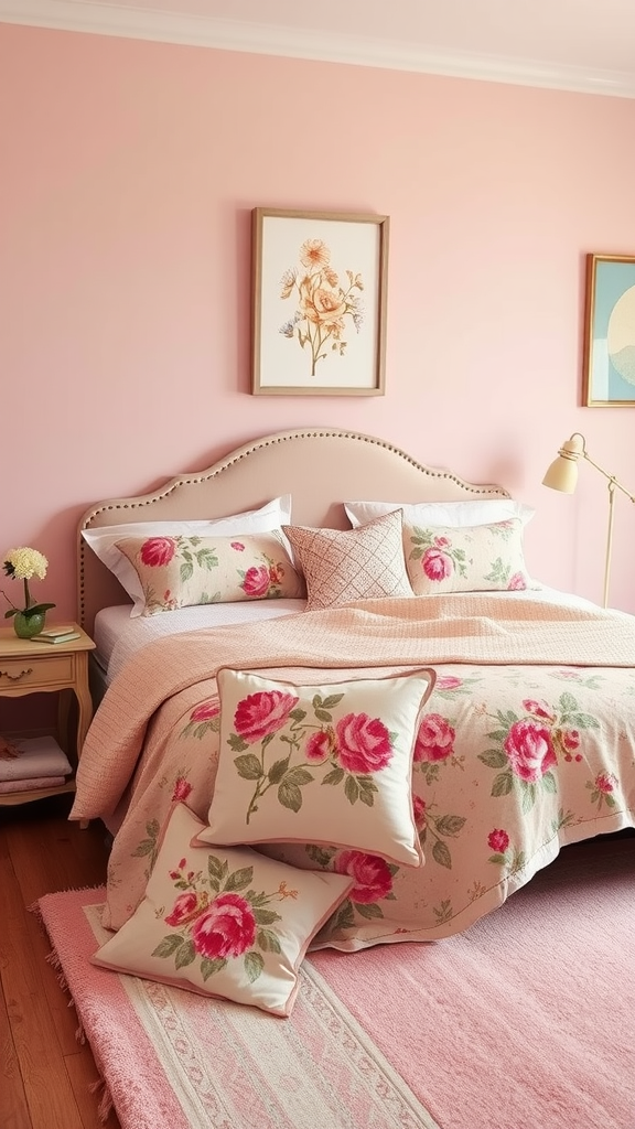 A cozy bedroom featuring floral patterned bedding and soft pink walls.