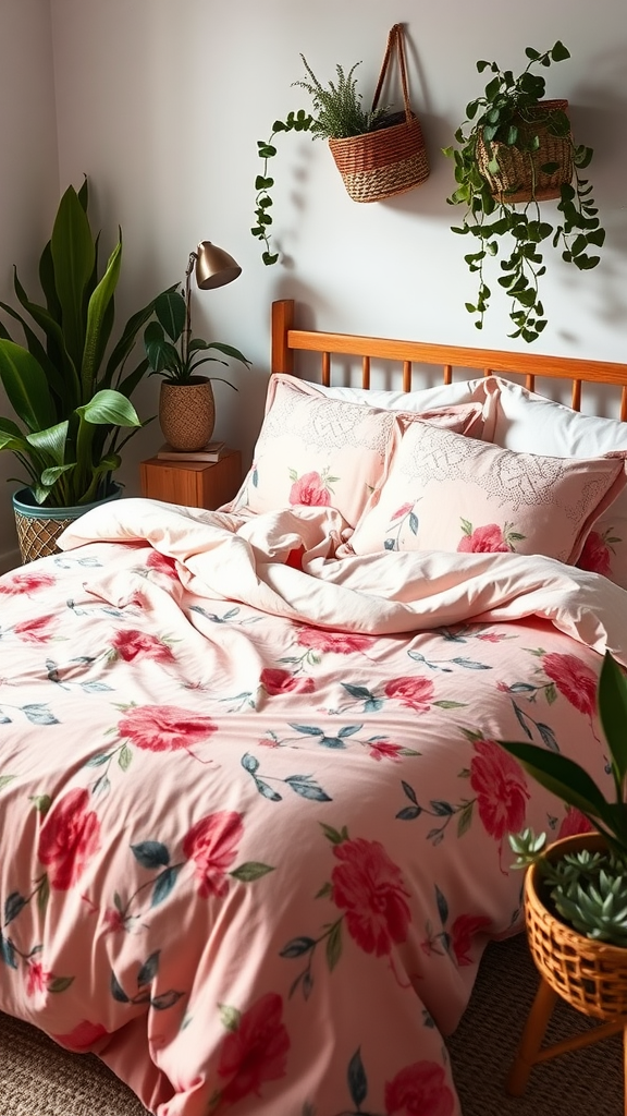 A cozy bedroom featuring a floral pink duvet cover with plants and warm lighting.