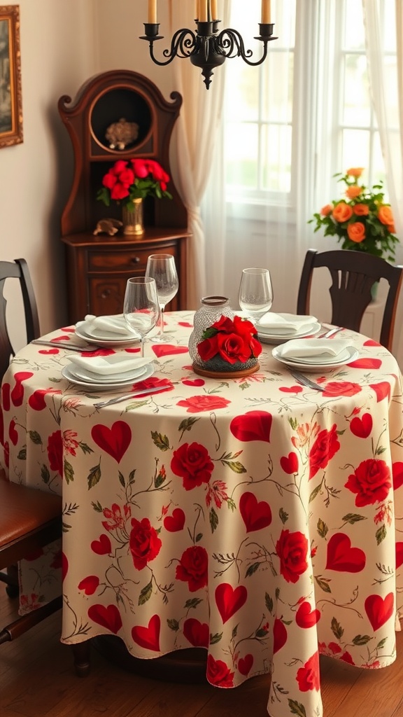 A beautifully set dining table with a floral tablecloth featuring red hearts and roses, surrounded by elegant dishware and glassware.