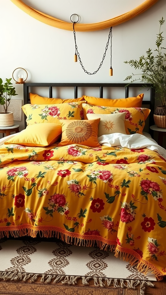 A cozy bed with floral yellow bedding, featuring colorful pillows and a warm ambiance.